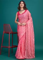 Glass Zari Pink Party Wear Sequins Work Saree